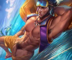 1boy abs absurdres armpit_hair armpits artist_name azalien bandaid bandaid_on_face bandaid_on_nose bara bich_hoan bichhoan black_hair closed_eyes cloud day erection facial_hair flip-flops gay goggles goggles_on_head highres jarvan_iv_(league_of_legends) jewelry large_pectorals league_of_legends lying male male_focus male_only male_pubic_hair male_swimwear male_swimwear_pull muscular muscular_male navel necklace nipples official_alternate_costume on_back outdoors pectorals penis pool_party_jarvan_iv pubic_hair purple_vest sandals short_hair sky solo vest water yaoi yellow_male_swimwear