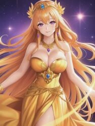 1girls ai_generated alternate_costume bare_arms bare_shoulders cleavage dress earrings female female_only goddess grin jewelry large_breasts long_dress long_hair looking_at_viewer nakiri_erina neck necklace orange_hair purple_eyes shmebulock36 shokugeki_no_souma smile solo solo_female standing very_long_hair yellow_dress