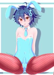 areola_slip balls blue_hair boy brown_eyes bunny_ears bunnysuit erection_under_clothes femboy fishnets male_symbol mars_symbol oc original pink_nipples s4mirukun solo solo_male thick_thighs trap yaoi