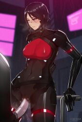 android black_hair blue_eyes blur_censor breasts censored elster_(signalis) female firearm gun handgun holding holding_gun holding_weapon joints kairos+ metal_girl metal_skin pale_skin revolver robot_joints science_fiction sex short_hair signalis solo vaginal vaginal_penetration weapon