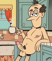 coffee_cup erection hairy_legs looking_at_viewer lynn_loud_sr. male_only naked nude_male onlyboney penis pose smile solo the_loud_house