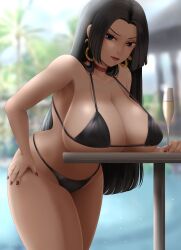 1girls big_breasts black_hair boa_hancock censored choker curvy earrings female female_only large_breasts long_hair looking_at_viewer musk musk_clouds one_piece solo weedstajoinsart