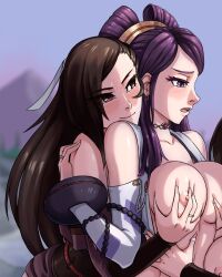 2girls beads blush breast_grab breast_sucking breasts breasts_out brown_eyes brown_hair cahryos double_breast_grab female female/female female_only fire_emblem fire_emblem_fates from_behind groping hair_comb hair_decoration hand_on_breast hand_on_shoulder hand_on_stomach intimate kagero_(fire_emblem) lesbian_sex long_hair multiple_girls nintendo orochi_(fire_emblem) purple_eyes purple_hair shimada_hairstyle shoulders smile threesome undressing wedding_ring yuri