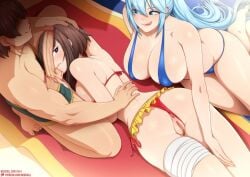 1boy 2girls :q anus aqua_(konosuba) ass bandaged_leg bandages bangs bikini bikini_bottom_aside blue_bikini blue_hair blush breasts brown_hair cleavage clothing_aside collarbone covered_nipples female frilled_bikini frills green_male_swimwear huge_breasts imminent_fellatio kono_subarashii_sekai_ni_shukufuku_wo! large_breasts long_hair lying male_swimwear megumin multiple_girls neocoill on_stomach penis pussy red_bikini satou_kazuma shiny_skin short_hair swimsuit testicles tongue tongue_out towel veins veiny_penis