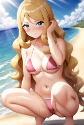 ai_generated beach belly_button bikini blonde_hair blue_eyes blushing blushing_at_viewer covered_in_water crouching feet feet_out_of_frame female female_only hand_on_hair kujai light_beam long_hair looking_at_viewer nai_diffusion nintendo outdoors outside palm_tree palm_trees pokemon serena_(pokemon) serena_(pokemon_games) shy solo stable_diffusion sun sun_beams tagme tippy_toes water