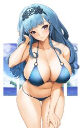 1girls adjusting_hair alternate_costume alternate_hairstyle ass_visible_through_thighs bangs bare_shoulders bikini blue_bikini blue_hair blue_swimsuit blush breasts brown_eyes cleavage collarbone female female_only fire_emblem fire_emblem:_three_houses fire_emblem_warriors:_three_hopes hairband highres large_breasts long_hair looking_at_viewer marianne_von_edmund navel nintendo official_alternate_hairstyle sidelocks smile solo swimsuit thighs tony_guisado