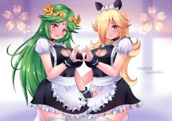 2girls abstract_background artist_signature bell_collar blonde_hair blue_eyes blush choker company_connection crossover duo earrings female female_only green_eyes green_hair heart heart_hands kid_icarus lipstick looking_at_viewer maid maid_headdress maid_uniform mario_(series) multiple_girls nintendo palutena princess_rosalina smile star-shaped_earrings sugarbell tagme