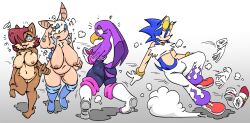 1boy 2d 3girls anthro armpits ass avian bat boots breasts chipmunk clothed color dizzy embarrassed female furry hedgehog jpeg male mammal nipples no_wings nude pants partially_clothed pussy qoolbunart rouge_the_bat sally_acorn sega shoes sonic_(series) sonic_the_hedgehog sonic_the_hedgehog_(series) tight_clothing tubetop vest wardrobe_malfunction wave_the_swallow