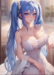 1girls ai_generated bangs blush blushing bride cleavage dress female flower_in_hair jewelry large_breasts league_of_legends looking_at_viewer nai_diffusion painted_nails smile smiling sona_buvelle stable_diffusion twintails wedding_dress wet wet_clothes wet_clothing wet_hair white_fingernails