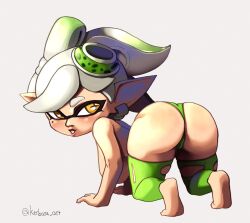 1girls alternate_version_available ass ass_focus ass_up big_ass big_breasts breasts dat_ass ear_piercing earrings female female_only green_thong huge_ass inkling kerbaru legwear marie_(splatoon) mole mole_under_eye nintendo pointy_ears splatoon thick_thighs thighs thong white_hair yellow_eyes