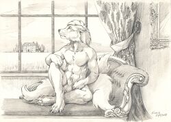 2021 4_toes 5_fingers animal_genitalia anthro balls canid canine canis casual_nudity claws dated feet fingers fur genitals hair hindpaw humanoid_hands male mammal navel nude paws scale_(artist) sheath signature sitting solo toe_claws toes traditional_media_(artwork) whiskers window wolf