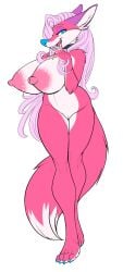 2019 absurd_res anthro big_breasts big_nipples biped blue_eyes blue_nose breasts canid canine denisse female fox full-length_portrait fur genitals hair hi_res huge_breasts mammal max_blackrabbit nipples open_mouth pink_body pink_fur pink_hair portrait pussy simple_background solo white_background