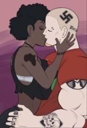 1boy 1girls african african_female afro bald bald_man big_breasts breasts couple curvy curvy_female dark-skinned_female duo female hellonearthiii interracial kissing light-skinned_male low_res lowres male male/female muscular muscular_male nazi straight swastika tattoo tattoos