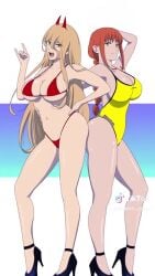 1boy 2girls 9:16 animated bikini black_high_heels blonde_hair bouncing_breasts breasts chainsaw chainsaw_man cleavage drakonaskar hayakawa_aki heels large_ass large_breasts long_hair low_res lowres makima_(chainsaw_man) male_pov navel posing power_(chainsaw_man) red_bikini red_hair shorter_than_30_seconds suit tagme tiktok undressing vertical_video video yellow_one-piece_swimsuit