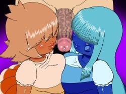 1boy 2d 2girls alternate_version_available bangs bangs_over_eyes big_breasts big_lips big_penis blue-skinned_female blue_hair blue_skin blush cartoon_network clothing dress female gem_(species) gem_on_face gotobeido long_hair male off_colors_(steven_universe) orange-skinned_female orange_hair orange_skin orientation_play padparadscha_(steven_universe) penis_in_face sapphire_(gem) sapphire_(steven_universe) short_hair steven_universe