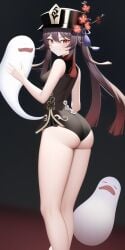 ai_generated alternate_costume ass bare_shoulders blush boo_tao_(genshin_impact) breasts brown_hair come_hither female from_behind genshin_impact ghost grin hat hat_ornament hu_tao_(genshin_impact) leotard long_hair looking_at_viewer looking_back medium_breasts naughty_face red_eyes shiny shiny_hair shiny_skin sideboob smile twintails very_long_hair