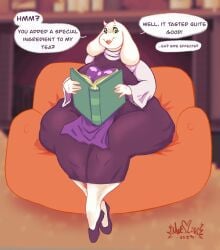 anthro big_ass big_breasts big_butt book breasts clothed clothing curvaceous dialogue drugged english_text fat female fur furry furry_only goat lipstick milf moessins monster monster_girl overweight overweight_female reading reading_book sitting solo text thick_thighs thunder_thighs toriel undertale undertale_(series) wide_hips