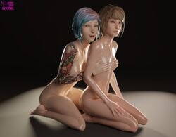 2girls 3d blender breast_grab chloe_price female female_only grabbing_from_behind hand_on_breast kneeling life_is_strange max_caulfield multiple_girls simple_background small_breasts tinytitlover yuri