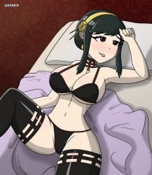 azurexarts bed bedroom_eyes bikini bra eyeliner female female_only panties socks spy_x_family stockings thick_thighs thighhighs yor_briar yor_forger