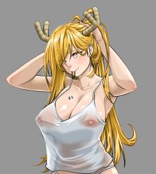 1girls big_breasts blonde_hair breasts breasts_visible_through_clothing cleavage dragon_girl dragon_horns female horn jamong long_hair miss_kobayashi's_dragon_maid orange_eyes solo tagme tohru_(dragon_maid) wet_shirt