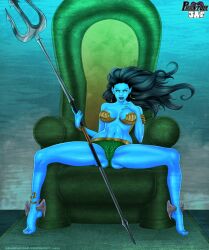 1girls antiheroine atlantean big_breasts black_hair blue_skin breasts crotch exiles female female_focus female_only green_speedo lipstick long_hair marvel marvel_comics namora phantomjac pointy_ears queen sitting smile solo speedo throne trident underwater wide_hips wings