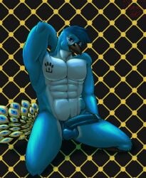 abstract_background anthro avian balls big_penis bird feathers galliform genitals hand_behind_head hermesdidit hi_res king_zanic_(character) kneeling looking_at_viewer male muscular muscular_male nude peafowl penis phasianid seductive solo solo_focus tattoo