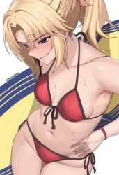 1girls bikini blonde_hair breasts edmun fate/grand_order fate_(series) female high_resolution holding_object long_hair mordred_(fate) mordred_(swimsuit_rider) navel ponytail red_bikini small_breasts surfboard thighs tomboy