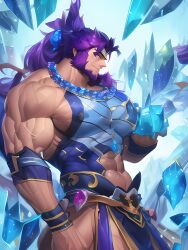 1boy abs ai_generated bara bare_pectorals beard biceps bulge clothing_cutout covered_abs cowboy_shot facial_hair ice jaguar_ears large_pectorals long_hair male_focus mature_male muscular muscular_male nipples pectorals purple_hair sideburns skin_tight solo stable_diffusion thick_thighs thigh_cutout thighs tied_hair tight veins