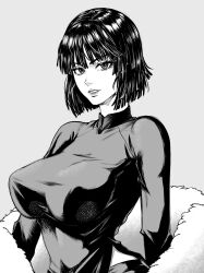 1girls absurd_res bangs big_breasts black_and_white breasts busty clothed clothing coat curvaceous curvy curvy_body curvy_female curvy_figure dress eye_contact eyelashes female fringe front_view fubuki_(one-punch_man) greyscale hi_res huge_breasts kerana_art large_ass lips lipstick looking_at_viewer medium_hair one-punch_man open_coat open_mouth short_hair slim slim_waist smile smiling smiling_at_viewer solo tight_clothing turtleneck upper_body voluptuous