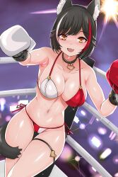 1girls absurdres animal_ears bikini black_hair blush boxing boxing_gloves boxing_ring breasts choker cleavage collarbone eyebrows_visible_through_hair female fighting_ring gloves heart highres hololive hololive_gamers hololive_japan large_breasts looking_at_viewer mismatched_boxing_gloves multicolored_hair navel nonoririn ookami_mio open_mouth panties red_and_white red_and_white_bikini red_boxing_glove red_hair red_highlights short_hair side-tie_bikini_bottom smile solo streaked_hair swimsuit tail thigh_gap thigh_strap two_tone_bikini underwear virtual_youtuber white_boxing_glove white_highlights wolf_ears wolf_girl wolf_tail yellow_eyes