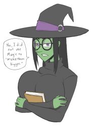 1girls 2d big_breasts black_hair book cleavage english_text female glasses green_skin large_breasts long_hair looking_at_viewer mindwipe original_character pillowfortofjunk pointy_nose purple_eyes selene_brae serious solo squeezing_breast sweater tagme upper_body witch witch_hat