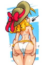 1girls ass back_view bikini bikini_bottom blonde_hair bow dripping golden_eyes hat headwear jellot karin_kanzuki looking_at_viewer looking_back looking_back_at_viewer presenting presenting_hindquarters showing_ass showing_off smirk street_fighter street_fighter_alpha_3 street_fighter_v sun_hat thigh_gap water