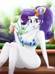 1girls ass big_breasts bikini breasts cleavage drink equestria_girls female female_only friendship_is_magic hasbro hi_res highres looking_at_viewer my_little_pony outdoors palm_tree rarity_(eg) rarity_(mlp) smiling solo solo_female straight_hair sunglasses sunglasses_on_head swimsuit theretroart88 thick_thighs thighs