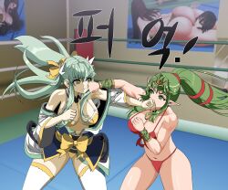 2girls alternate_costume attack bangs bare_legs bikini breasts catfight cleavage clenched_teeth competition crossover fate/grand_order fate_(series) female female_only fight fire_emblem fire_emblem_awakening green_eyes green_hair kiyohime_(fate/grand_order) large_breasts legs long_hair looking_at_another multiple_girls nintendo pointy_ears ponytail punch red_bikini red_swimsuit swimsuit thick_thighs thighhighs tiki_(adult)_(fire_emblem) tiki_(fire_emblem) very_long_hair wrestling wrestling_queen wrestling_ring yellow_bikini yellow_eyes yellow_swimsuit