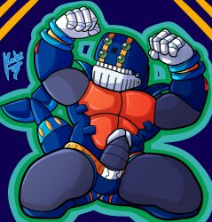 1boy 1male balls blue_body boner capcom clenched_fists duff_mcwhalen erection flexing koki_1 looking_at_viewer male mechanical mega_man mega_man_x muscular muscular_male non-human penis red_chest robot simple_background tidal_makkoken underwear watermark whale