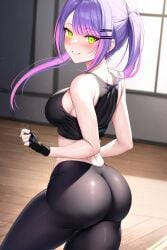 1girls ai_generated ass bent_over big_ass big_butt blush breasts bubble_ass green_eyes hololive huge_ass huge_butt long_hair looking_at_viewer looking_back mogumachine nai_diffusion purple_hair smile solo stable_diffusion thick_thighs tight_clothing tokoyami_towa virtual_youtuber yoga_pants