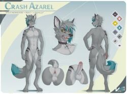 2023 anthro anus artist_logo artist_name ass balls bent_over blue_hair choker circular_barbell_piercing dated dipstick_tail ear_piercing ear_ring erection facial_piercing featureless_crotch front_view fur genitals glistening glistening_eyes grey_balls grey_body grey_fur grey_hair grey_penis hair humanoid_genitalia humanoid_penis jewelry logo looking_at_viewer male markings model_sheet multicolored_hair necklace nose_piercing nude open_mouth penis piercing rear_view red_anus red_tongue ring_piercing septum_circular_barbell septum_piercing simple_background solo standing tail tail_markings tongue two_tone_hair vesper_art yellow_eyes