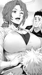 1girls 2boys bleach breasts busty cleavage daraz18aka father_and_son female_focus highres huge_breasts husband_and_wife ichigo_kurosaki isshin_kurosaki kurosaki_ichigo kurosaki_isshin kurosaki_masaki masaki_kurosaki milf mother_and_son multiple_boys one_eye_closed open_mouth ponytail smile voluptuous