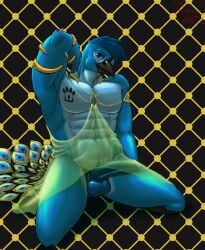 abstract_background avian balls big_penis bird clothing feathers galliform genitals hand_behind_head hermesdidit hi_res jewelry king_zanic_(character) kneeling looking_at_viewer male muscular muscular_male peafowl penis phasianid robe seductive solo_focus tattoo