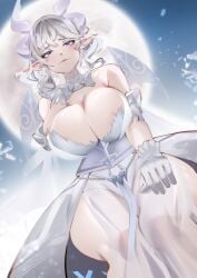 animahakim clothing demon_girl duel_monster female horn labrynth_of_the_silver_castle looking_at_viewer lovely_labrynth_of_the_silver_castle solo white_dress white_hair yu-gi-oh!