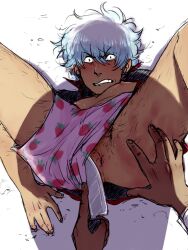 angry anus ass_up blush body_hair boxers clenched_teeth gintama gintoki_sakata hairy knife looking_at_viewer male male_only niichan pov shadow solo_focus spank_marks spread_legs strawberry_print underwear underwear_aside upside-down white_hair