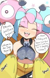 1girls blue_hair breasts dialogue english_text female iono_(pokemon) jellcaps long_hair long_sleeves medium_breasts nintendo pink_eyes pink_hair pointy_teeth pokemon pokemon_sv smile text twintails two_tone_hair