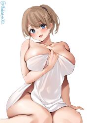 blue_eyes breasts brown_hair cleavage collarbone covering cowboy_shot ebifurya female highres holding holding_towel intrepid_(kantai_collection) kantai_collection large_breasts legs looking_at_viewer mature_female milf naked_towel nude_cover one-hour_drawing_challenge open_mouth ponytail short_hair sitting smile solo towel twitter_username wariza white_background