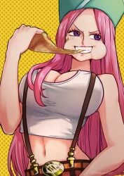 1girls aged_up aosora big_breasts eating female female_only fully_clothed jewelry_bonney one_piece pink_hair solo tagme