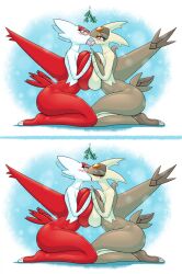 2girls anthro bea_(koznsfw) blush breast_press breast_squeeze breasts_squeezed_together breasts_squish christmas fan_character female female/female female_only generation_3_pokemon glasses harriett_(latiar) holding_hands kissing large_ass large_breasts latiar latias legendary_pokémon mistletoe multiple_girls original_character passionate_kiss pokemon pokemon_(species) rounded_leaves tongue tongue_kiss tongue_out white_berries