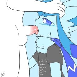 ambiguous_gender anthro anthro_penetrated blue_eyes blush bodily_fluids chiyosuke_masin clothing duo eeveelution fellatio fluffy generation_4_pokemon glaceon hand_on_head hi_res human human_on_anthro human_on_pokemon human_penetrating human_penetrating_anthro interspecies male male/ambiguous mammal nintendo oral penetration penile pokemon pokemon_(species) pokephilia scarf sex shiny_pokemon shirt starei_(starei) sweat tassels topwear