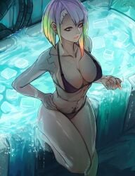 1girls bath bathing big_breasts bikini cd_projekt_red cleavage cybernetics cyberpunk:_edgerunners cyberpunk_2077 female female_only gelldraws high-angle_view ice_bath light-skinned_female lucyna_kushinada netflix partially_clothed studio_trigger underwear wet