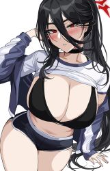 1girls black black_hair blue_archive booty_shorts breasts cleavage dolphin_shorts drogod_(artist) female hasumi_(blue_archive) hasumi_(gym_uniform)_(blue_archive) huge_breasts justice_task_force_(blue_archive) large_breasts light-skinned_female light_skin long_hair red_eyes short_shorts shorts sports_bra thick_thighs trinity_general_school_student