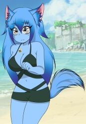 1girls animal_ears bikini callao_(departamenthumans) clothing countryhumans countryhumans_girl departamenthumans light_blue_hair light_blue_skin long_hair tail