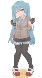 black_socks hatsune_miku have_to_pee isawa light_blush nervous omorashi pee_stain peeing peeing_self puddle school_uniform socks standing stockings thigh_socks thighhighs urine_drip urine_on_ground urine_pool urine_stain urine_stream uwabaki vocaloid wetting wetting_self